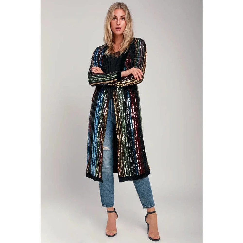 Lulu's Pretty Prismatic Rainbow Striped Sequin Midi Robe Dress TS Era's Style S - Picture 14 of 15